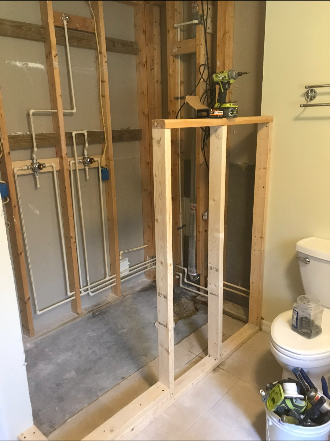 Bathroom rough-in plumbing with new water lines